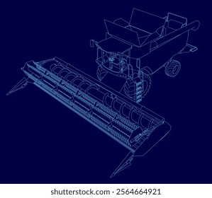 Blue drawing of a combine harvester. The drawing is in black and white and is very detailed