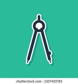 Blue Drawing compass icon isolated on green background. Compasses sign. Drawing and educational tools. Geometric instrument.  Vector Illustration
