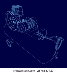 Blue drawing of a compressor with a belt. The compressor is shown in a close up