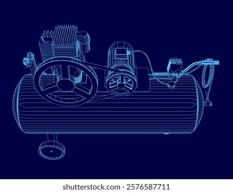 Blue drawing of a compressor with a engine. The compressor is shown in a 3D format