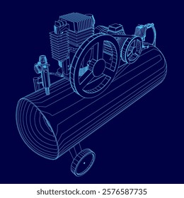 Blue drawing of a compressor. The compressor is a large, blue object with a white line running through it