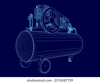 Blue drawing of a compressor. The compressor is a machine that is used to compress air. The compressor is shown in a 3D format, which gives it a more realistic appearance