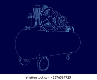 Blue drawing of a compressor outline. The compressor is shown in a close up view