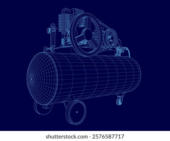 Blue drawing of a compressor. The compressor is shown in a 3D format, with a blue background. The compressor is a large, industrial piece of equipment, and the drawing captures its size