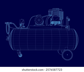 Blue drawing of a compressor. The compressor is shown in a 3D view. The compressor is a large, heavy object with a wheel on the bottom