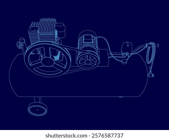 Blue drawing of a compressor with a wheels. The compressor is shown in a blue drawing