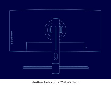 A blue drawing of a computer monitor. The monitor is a large screen