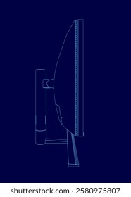 A blue drawing of a computer monitor. The monitor is a large, curved screen with a frame. The image is of a computer monitor, and it is drawn in a blue color scheme