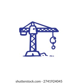 A blue drawing of a construction crane with a hook hangs from the jib.