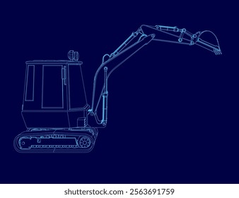 Blue drawing of a construction vehicle with a large scoop on the back. The drawing is in blue and is very detailed