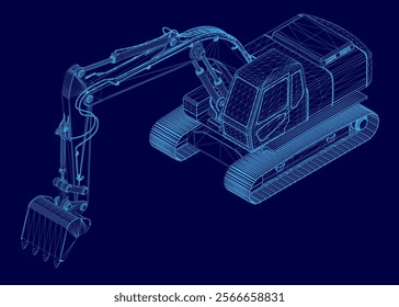 Blue drawing of a construction vehicle. The drawing is of a large machine with a large scoop on the front. The machine is blue and white, and it looks like it is ready to dig