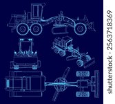 Blue drawing of a construction vehicle. The drawing is of a machine with a large blade on the front