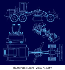 Blue drawing of a construction vehicle. The drawing is of a machine with a large blade on the front