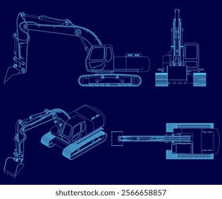 Blue drawing of a construction vehicle. The drawing is of a machine with a large scoop on the front