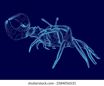 A blue drawing of a crab with a blue background. The crab is drawn in a stylized way, with its legs and claws emphasized. Scene is somewhat eerie