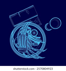 Blue drawing of a crab with a book and a cup on a table. The crab is surrounded by a circle and has a telescope on its head. Scene is mysterious and intriguing