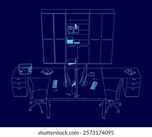 Blue drawing of a cubicle with two desks and two chairs. The desks are separated by a partition