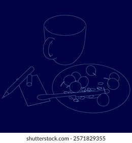 Blue drawing of a cup and a pen on a table with a plate of food. Scene is casual and relaxed, as it depicts a simple mealtime scene