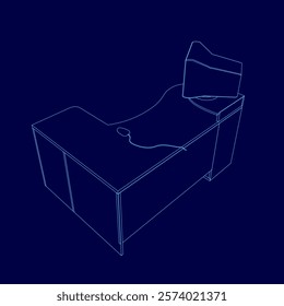 Blue drawing of a desk with a chair and a computer monitor. The desk is rectangular and has a curved top