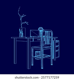 Blue drawing of a desk with a chair and a computer monitor. The chair is empty and the desk is cluttered with a vase, a bowl, and a book. Scene is calm and focused