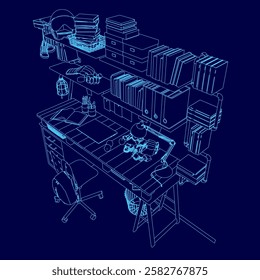 A blue drawing of a desk with a chair and a computer. The desk is cluttered with books and other items, and there is a robot on the desk. Scene is somewhat chaotic and disorganized