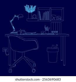 Blue drawing of a desk with a chair, a lamp, a potted plant, and a bookcase