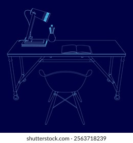 Blue drawing of a desk with a chair and a lamp. The desk is empty except for a book and a vase. Scene is calm and peaceful, as the desk is set up for a quiet