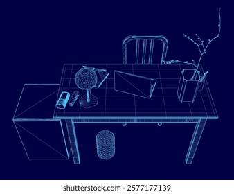 Blue drawing of a desk with a chair and a lamp. The desk is cluttered with various items such as a cell phone, a keyboard, a mouse, and a cup. Concept of organization and productivity