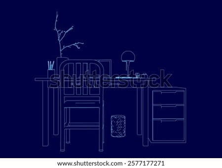 Blue drawing of a desk with a chair and a lamp. The chair is empty and the lamp is turned off