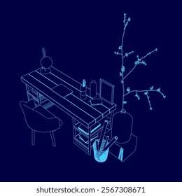 Blue drawing of a desk with a chair and a potted plant. The desk has a laptop and a book on it