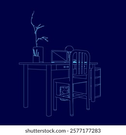 Blue drawing of a desk with a chair and a potted plant. The desk is empty except for a computer monitor and a keyboard. The chair is positioned in front of the desk