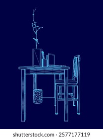 Blue drawing of a desk with a chair and a vase of flowers on it. The desk has a bookcase and a few books on it. The chair is positioned in front of the desk