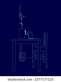 Blue drawing of a desk with a chair and a vase of flowers on it. The vase is filled with flowers and the chair is positioned in front of the desk. The desk is made of wood