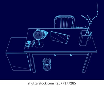 Blue drawing of a desk with a chair and a vase of flowers. The desk is cluttered with various items such as a laptop, a cell phone, a book, and a cup. The chair is positioned in front of the desk