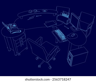 Blue drawing of a desk with a computer, keyboard, mouse, and a phone. The desk is surrounded by chairs and a computer monitor