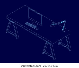 Blue drawing of a desk with a computer monitor and keyboard. The desk is designed to be ergonomic and comfortable for long periods of use