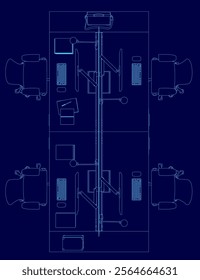 Blue drawing of a desk with four chairs and a computer. The chairs are arranged in a row and the desk is in the middle