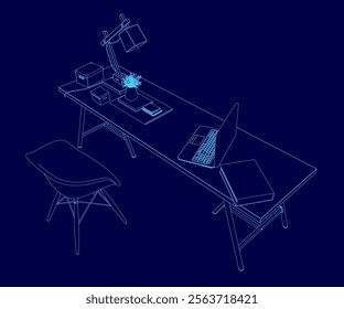 Blue drawing of a desk with a laptop, a chair, and a potted plant. The desk is set up for work or study, with a laptop and a keyboard on the surface