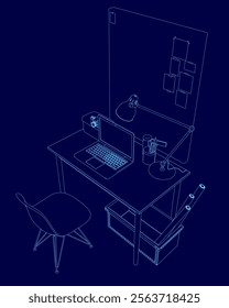 Blue drawing of a desk with a laptop and a chair. The desk is set up for work or study
