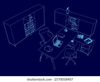 Blue drawing of a desk with a laptop and a chair. The desk is surrounded by shelves and cabinets