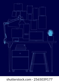 Blue drawing of a desk with a laptop, a computer monitor, a keyboard, a mouse, a bottle, a cup, a plant, and a stool