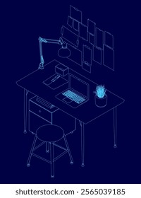 Blue drawing of a desk with a laptop, a keyboard, a mouse, a plant, and a stool