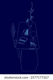 Blue drawing of a desk with a laptop, a keyboard, a mouse, a vase, a cup, and a book