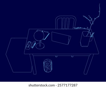 Blue drawing of a desk with a laptop, a keyboard, a mouse, a cell phone, a cup, a bowl, a vase, a book, and a pen