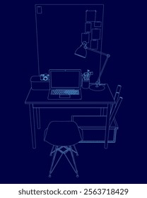 Blue drawing of a desk with a laptop, a lamp, and a chair. Scene is calm and focused