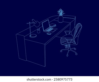 A blue drawing of a desk with a laptop, a lamp, and a potted plant. The desk is empty, but the laptop is on it. The chair is positioned in front of the desk