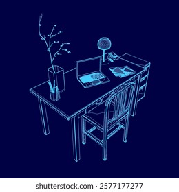 Blue drawing of a desk with a laptop, a vase, and a lamp. The desk is set up for work or study, with the laptop and vase providing a sense of productivity and relaxation