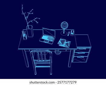 Blue drawing of a desk with a laptop, a vase, a lamp, and a chair. The desk is set up for work or study, with the laptop and papers on the surface. The vase is filled with flowers