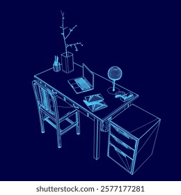 Blue drawing of a desk with a laptop, a vase, a lamp, and a chair. The desk is set up for work or study, with the laptop and vase as the main focal points