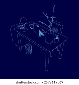 Blue drawing of a desk with a laptop, a vase, a lamp, and a trash can. The desk is empty, but it has a laptop on it, which suggests that someone might be working or studying